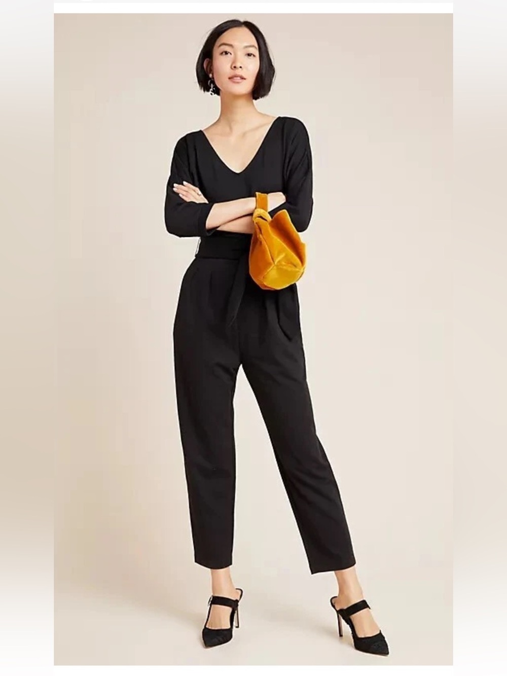 Anthropologie Black V-Neck Long-Sleeve Jumpsuit